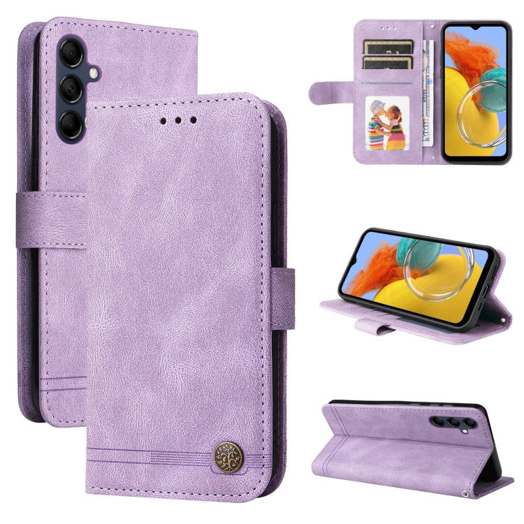 Purple leather-style flip phone case with metal button, card slots, and stand support
