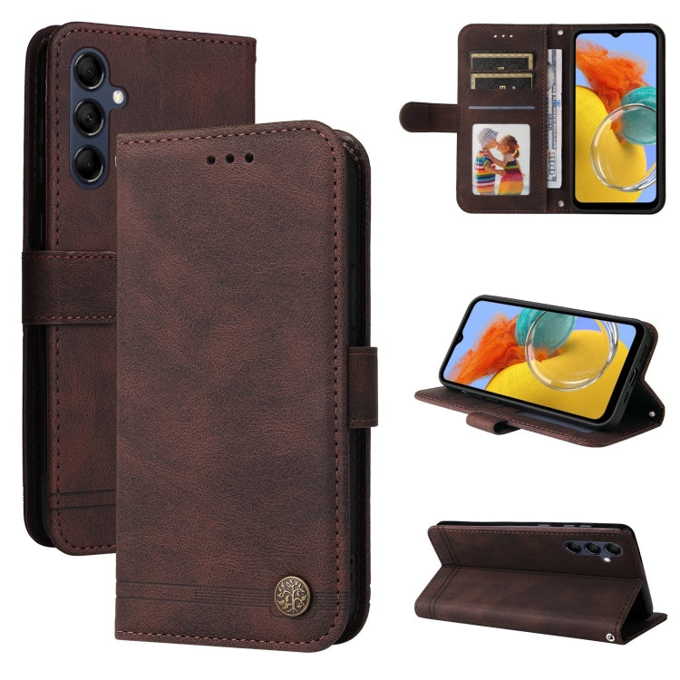Brown leather-style flip phone case with metal button, card slot window, and kickstand