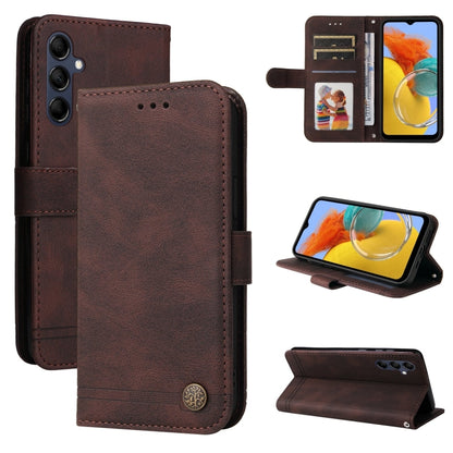 Brown leather-style flip phone case with metal button, card slot window, and kickstand