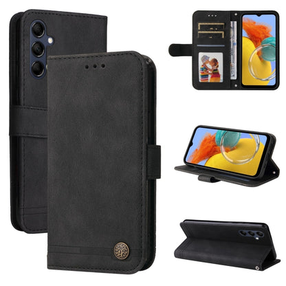 Black leather-style flip phone case with metal button, card holder, and stand