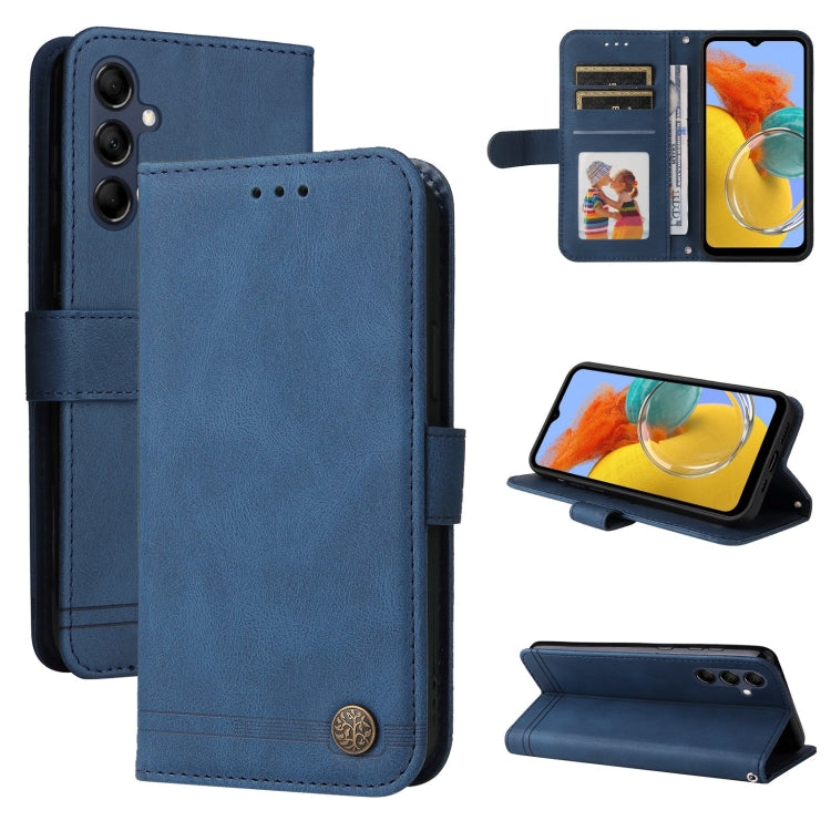 Blue leather-style flip phone case with metal button, card holder, and kickstand