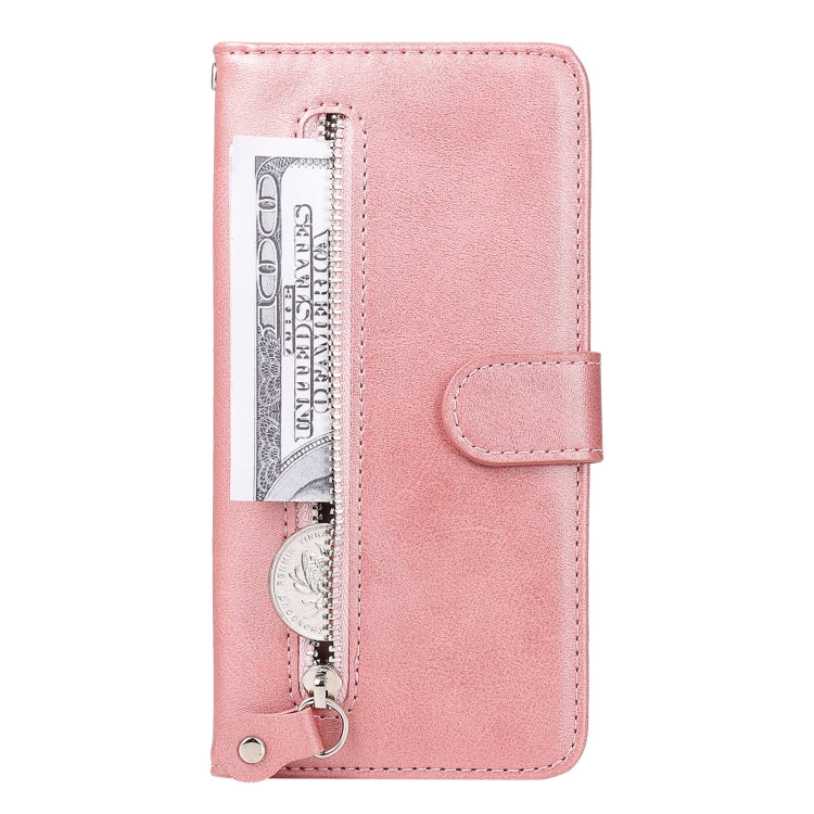 Rose gold leather phone case with side zipper compartment and magnetic snap flap