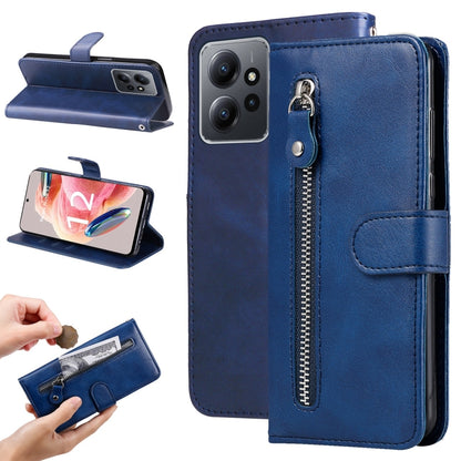 Blue leather wallet phone case with side zipper pocket and front fold stand
