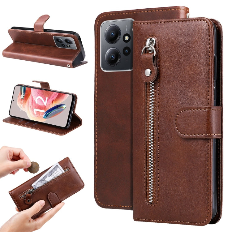 Brown folio leather phone case with flip stand and vertical zipper pocket