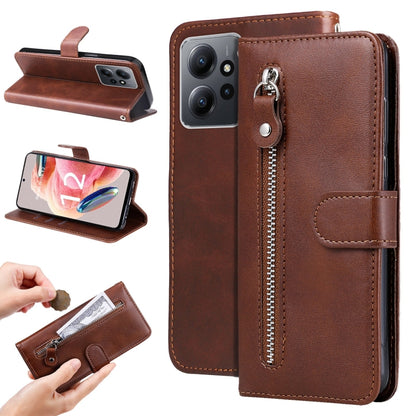 Brown folio leather phone case with flip stand and vertical zipper pocket