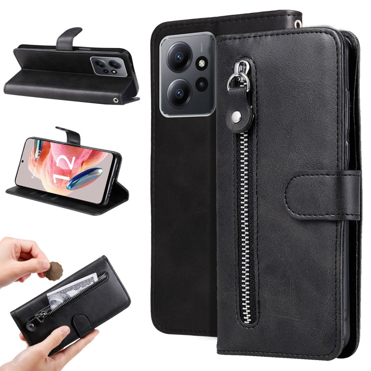 Black folio leather phone case with zipper pocket and camera cutouts