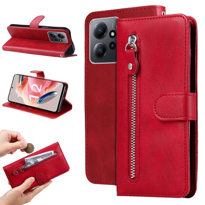 Red folio leather phone case with flip stand and vertical zipper pocket