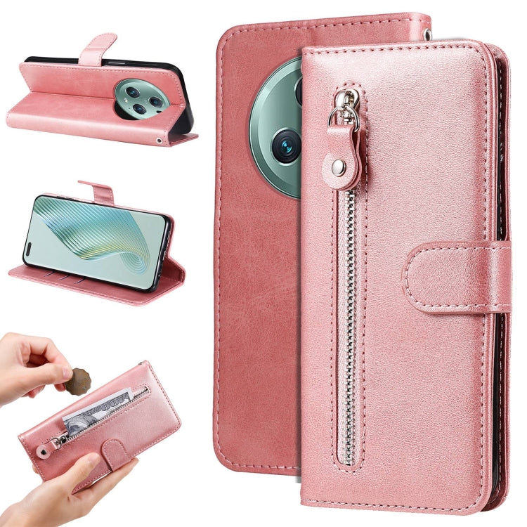 Rose gold leather wallet phone case with side zipper pocket and front fold cover