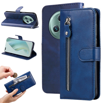 Blue folio leather phone case with flip stand and vertical zipper pocket