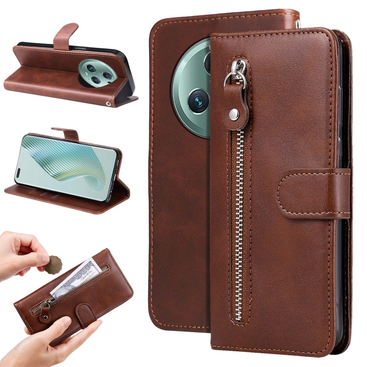 Brown folio leather phone case with zipper pocket and front strap closure
