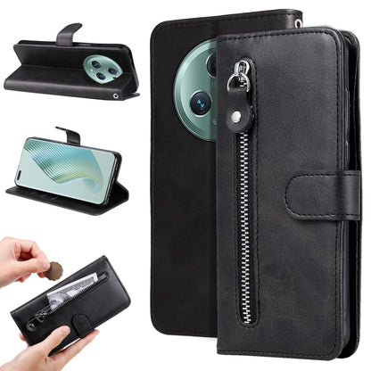 Black folio leather phone case with flip stand and vertical zipper pocket