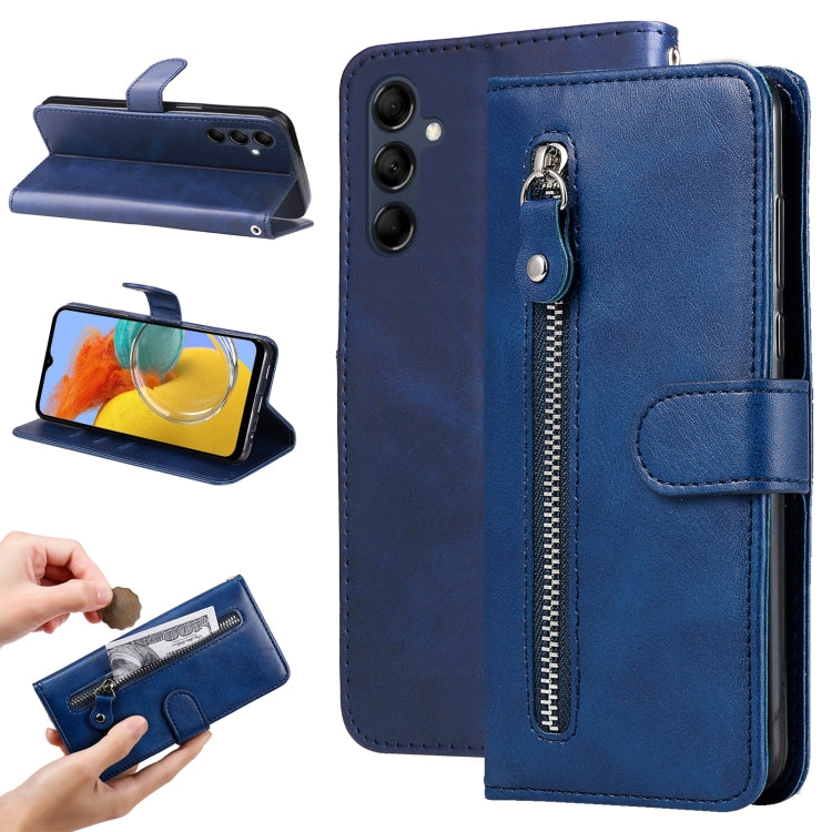 Blue folio leather phone case with zipper pocket and camera cutouts
