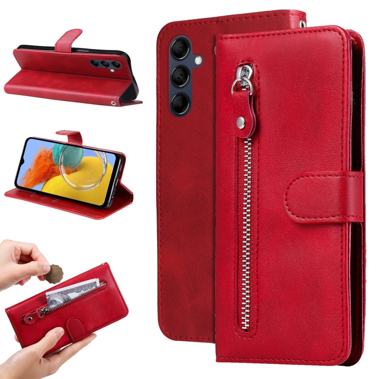 Red calf-texture leather phone case with zipper, flip cover and inner card pocket