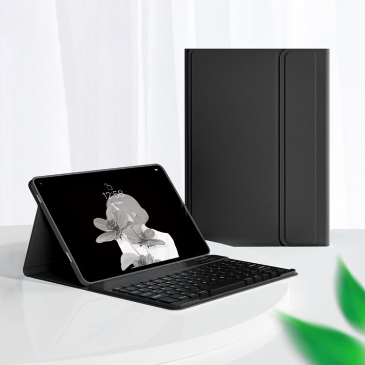 Black leather-look Bluetooth keyboard tablet case with attached keyboard, angled stand