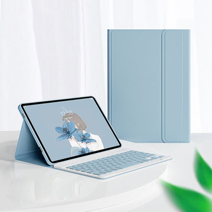 Blue leather-look Bluetooth keyboard tablet case with keyboard and rear cover, stand view