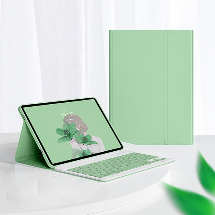 Matcha green leather-look Bluetooth keyboard tablet case with detached keyboard, stand view