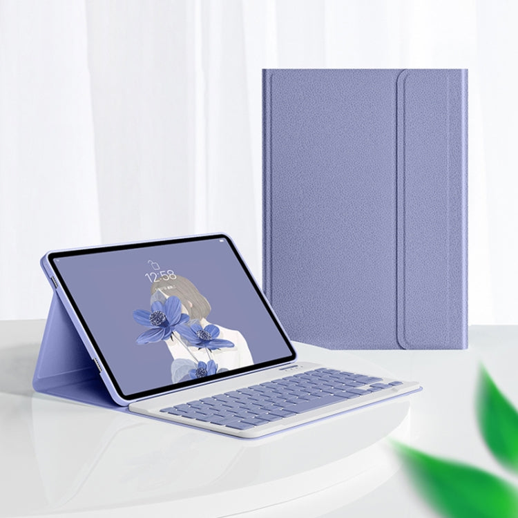 Purple leather-look Bluetooth keyboard tablet case with keyboard, stand view