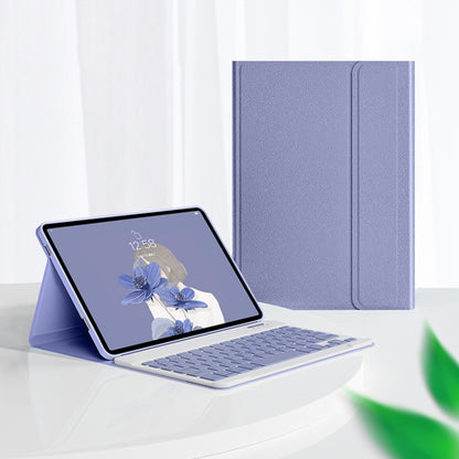 Purple leather-look Bluetooth keyboard tablet case with keyboard, stand view