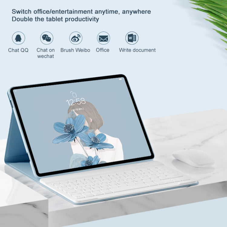 Blue tablet stand with detachable Bluetooth keyboard, on desk in laptop position