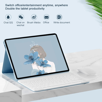 Blue tablet stand with detachable Bluetooth keyboard, on desk in laptop position