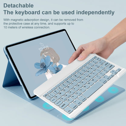 Blue tablet case with detachable Bluetooth keyboard, keyboard ready for typing