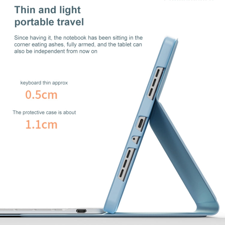 Blue leather-look tablet case with slim hinge, side ports visible