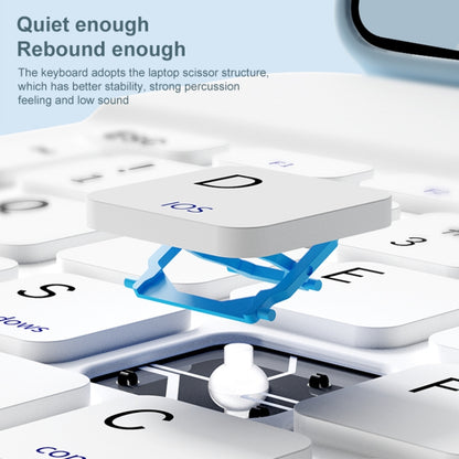Blue detachable Bluetooth keyboard close-up with key mechanism under keycaps