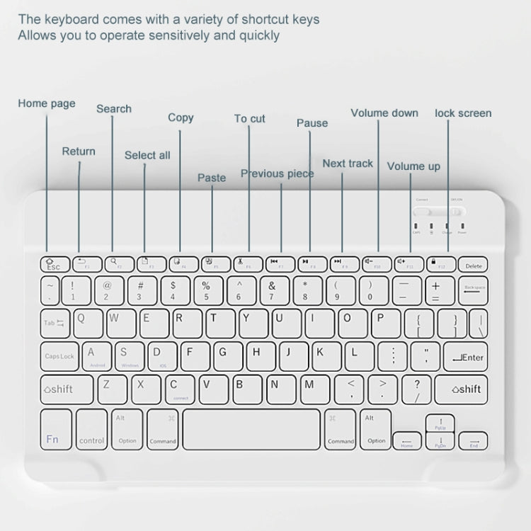 Square-key Bluetooth keyboard on white case, close-up of keys and trackpad
