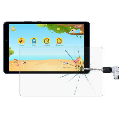 Clear tempered glass screen protector film applied to tablet screen with alignment tool.