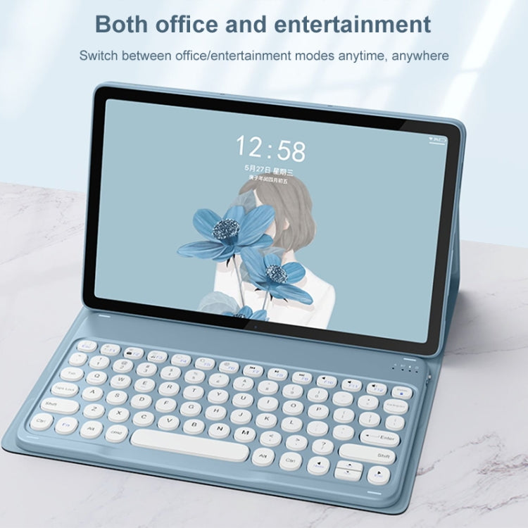 Blue detachable Bluetooth keyboard leather case open view with round key layout