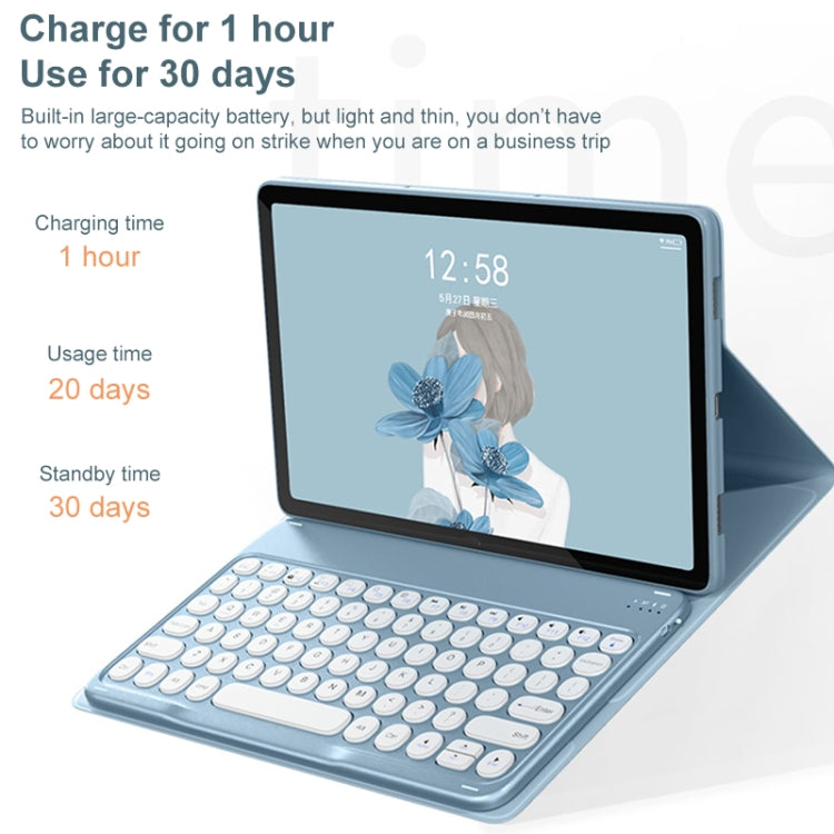 Blue detachable Bluetooth keyboard leather case showing tablet screen and round keys
