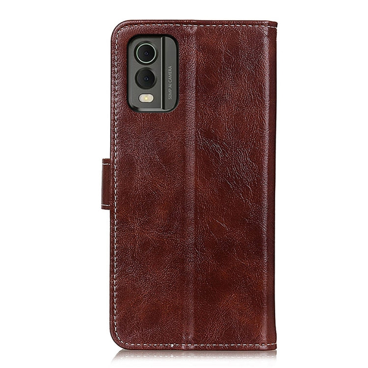Brown leather-style phone case back view with camera cutout and vertical seam