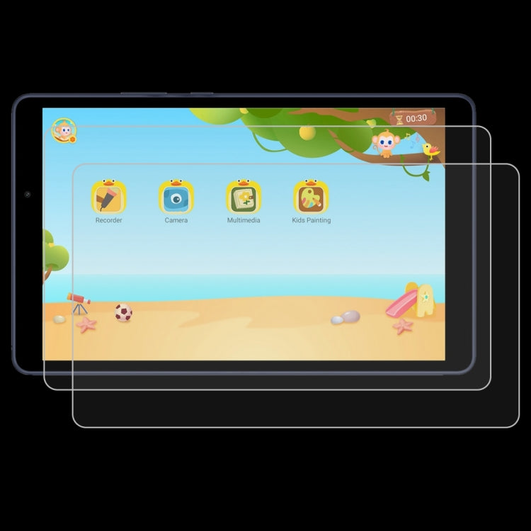 Tempered glass screen protector film over tablet display, showing fit at corners