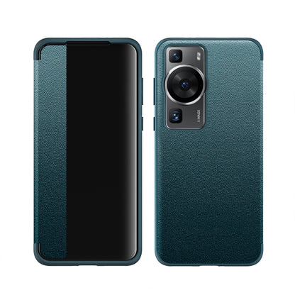 Green leather and TPU shockproof phone case for Huawei P60, dual-view with camera cover