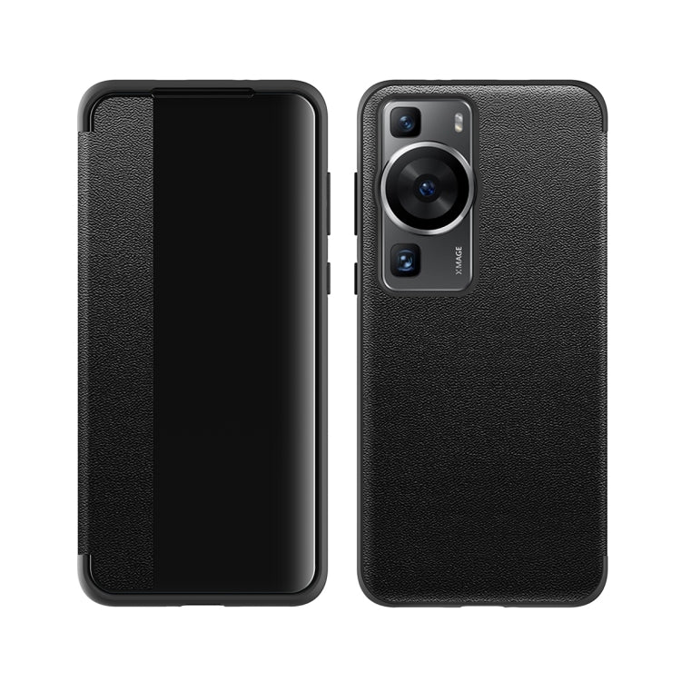 Black leather and TPU shockproof phone case for Huawei P60, textured back and front