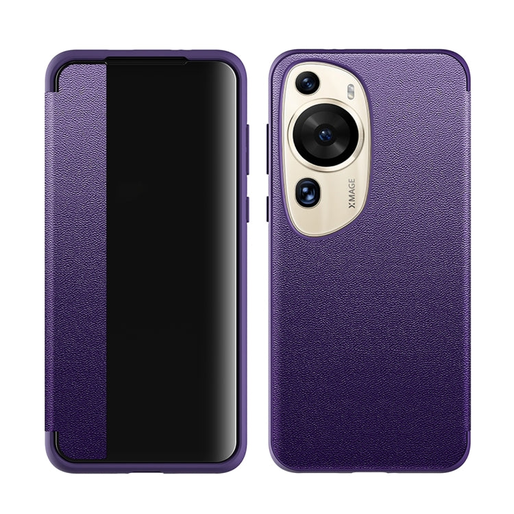 Purple shockproof phone case with leather-texture back and camera lens cutouts