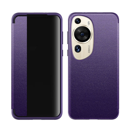 Purple shockproof phone case with leather-texture back and camera lens cutouts