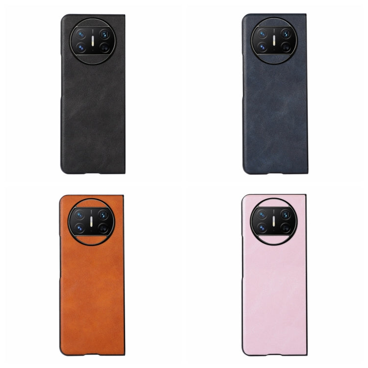 Cowhide-texture PU phone cases in black, blue, brown, and pink (multiple views)