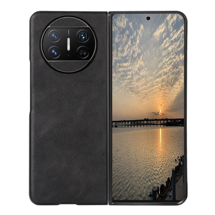 Black cowhide-texture PU phone case with camera cutout, front flap closed