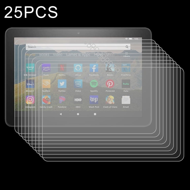 Set of 25 tempered glass screen protector films for tablet, layered view on front