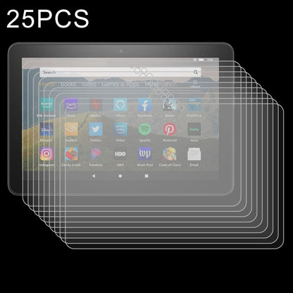 Set of 25 tempered glass screen protector films for tablet, layered view on front