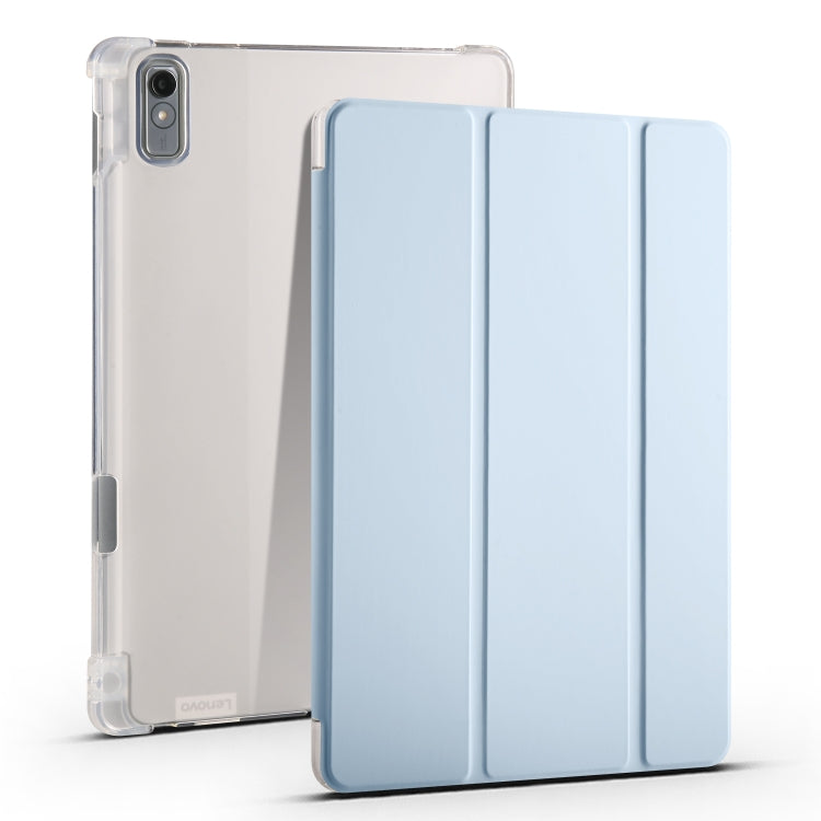 3-fold clear TPU tablet case with pen slot, light blue fold cover and clear back shell