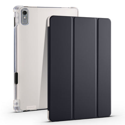 3-fold clear TPU tablet case with pen slot, black fold cover and clear back shell