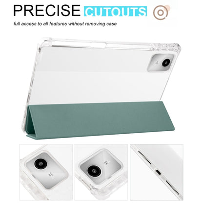 Tablet case with clear TPU back, camera cutout, and 3-fold teal folio stand