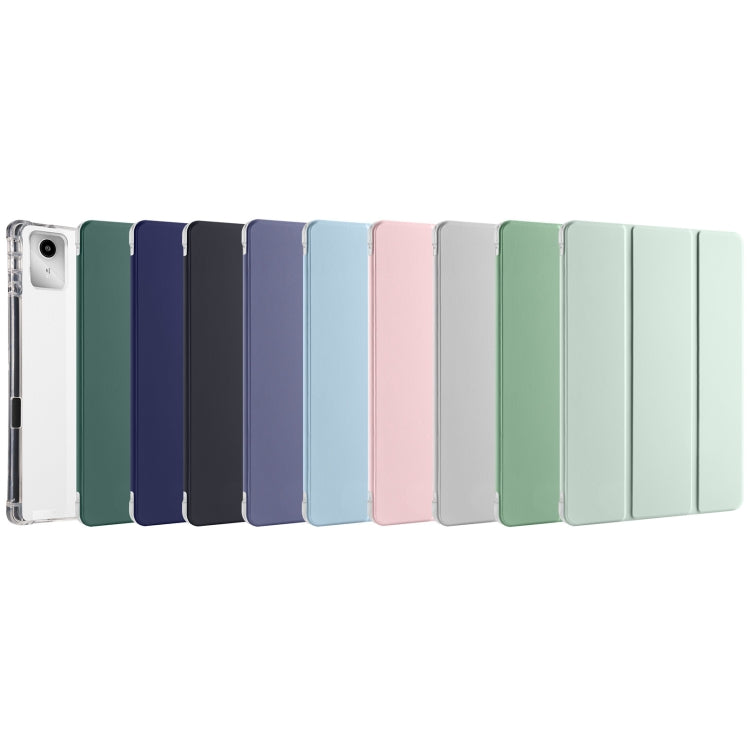 Color options lineup of 3-fold tablet cases with clear TPU backs in multiple shades