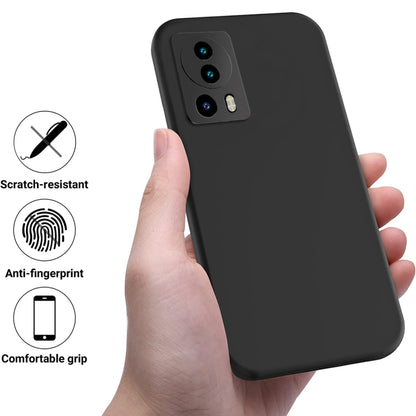 Black silicone phone case with raised edges and camera cutouts, shown being held.