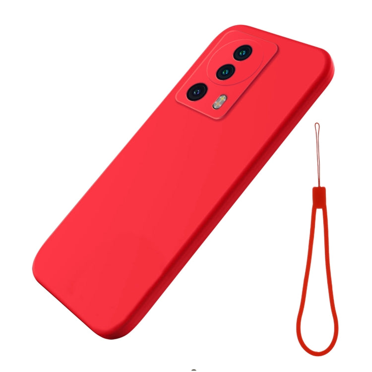 Red silicone shockproof phone case with camera cutouts and matching lanyard strap.