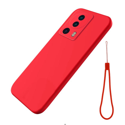 Red silicone shockproof phone case with camera cutouts and matching lanyard strap.