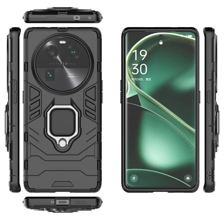 Phone case with magnetic ring holder, black rugged case shown front and side