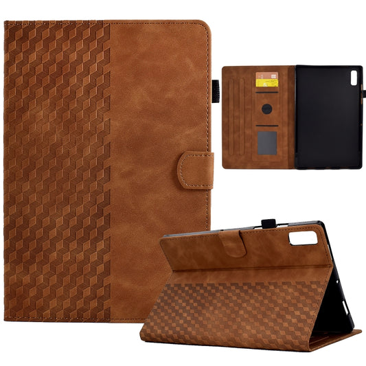 Brown rhombus-embossed leather tablet case with flip cover and side cutout